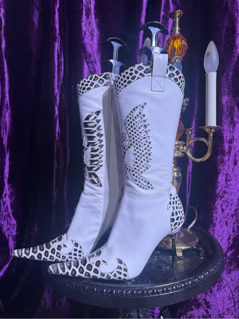 White Women's Western Embossed Leather Heel Boots